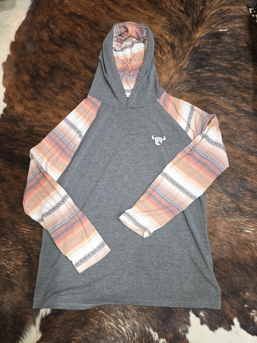 Gray Hooded Long Sleeve Tee with Striped Rust Sleeves